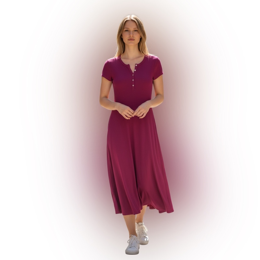 Lauren Ralph Lauren Pink Ribbed Henley Midi Dress Short Sleeve Women's Small